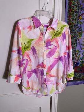Chico's Pink Purple Watercolor Floral Linen Blouse Long Sleeve Womens 18